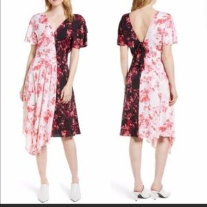 Lewit Double Print Floral Silk Dress V Neck Asymmetrical Size 6 Pink Black NWT
